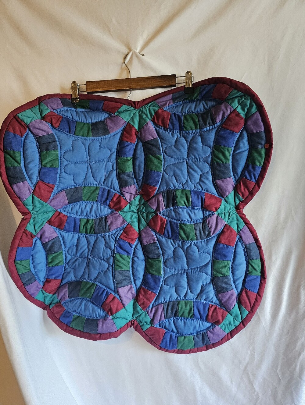 Vintage Blue Patchwork Quilt with Teal, Purple and Red Accents